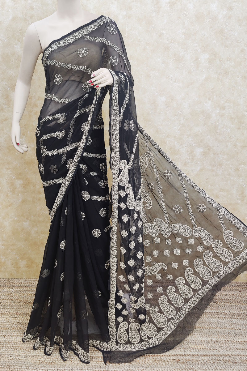 Black Colour Designer Hand Embroidered Lucknowi Chikankari Saree ( With Blouse - Georgette ) Mc251897